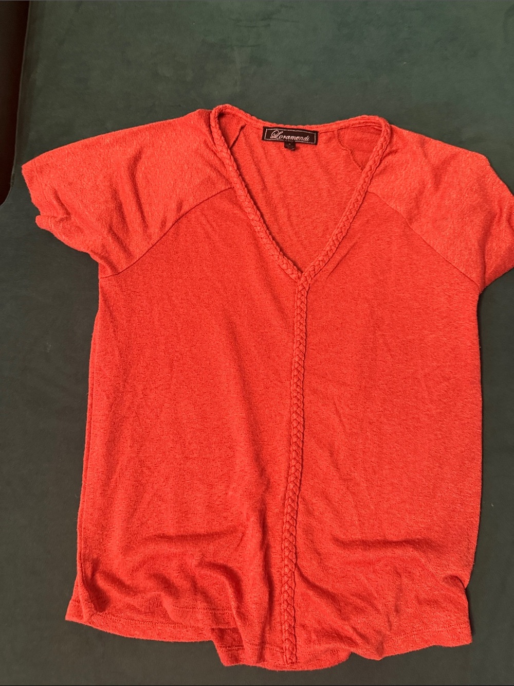 Lord & Taylor Braided Trim V-Neck Short Sleeve Top in Red